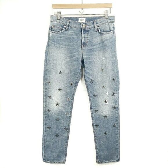Hudson Riley Crop Boyfriend style Jeans Sz 26 Embroidered Stars - Picture 2 of 7